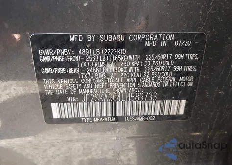 2020 Subaru Forester Premium из США, поврежденный, VIN JF2SKAGC4LH589733